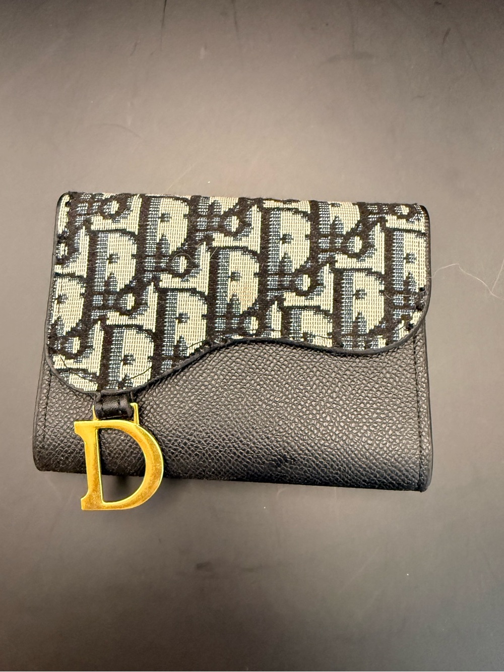 Black and Beige Saddle Wallet with Gold 'D' Charm